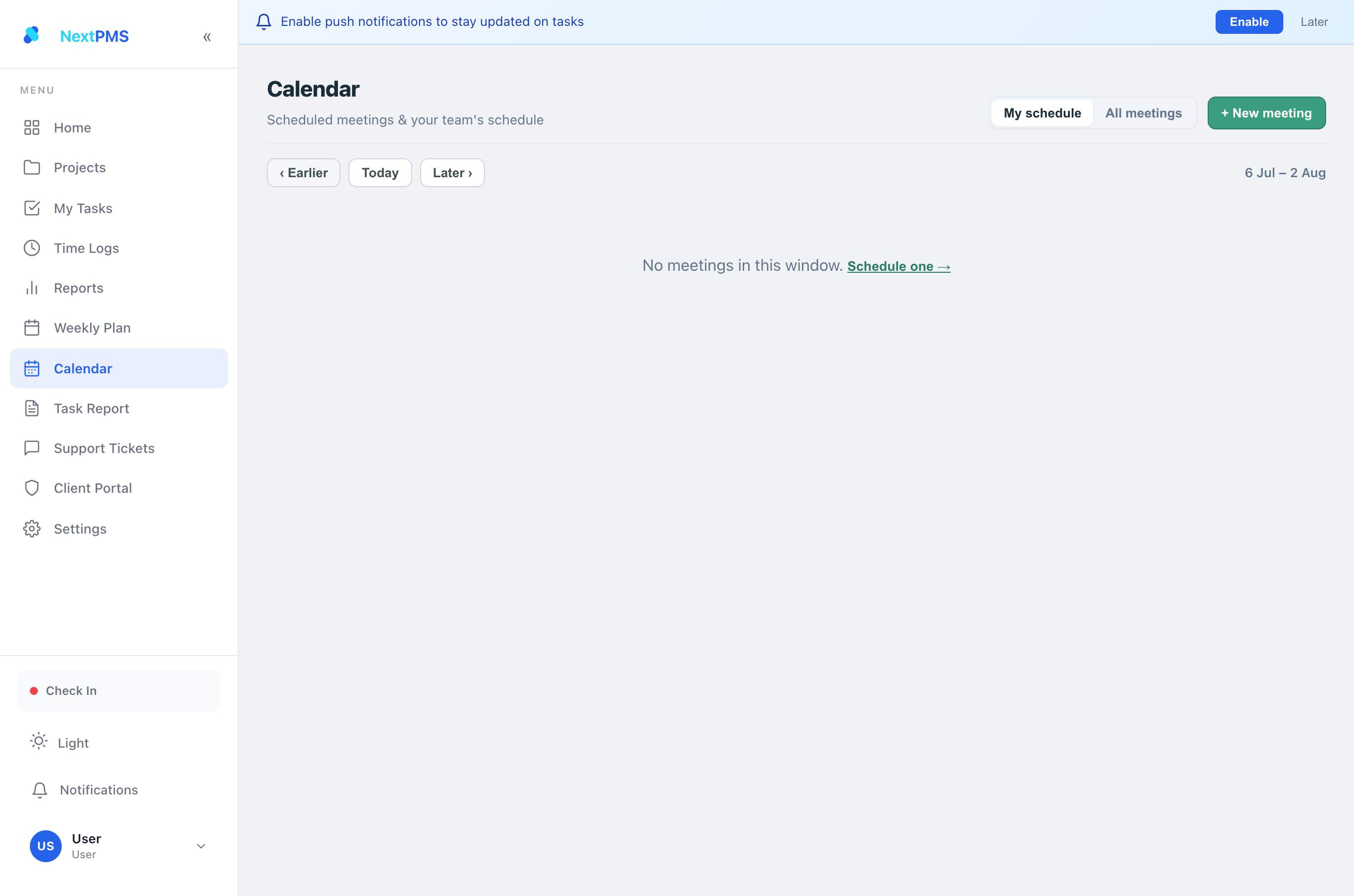 Calendar view with scheduled meetings