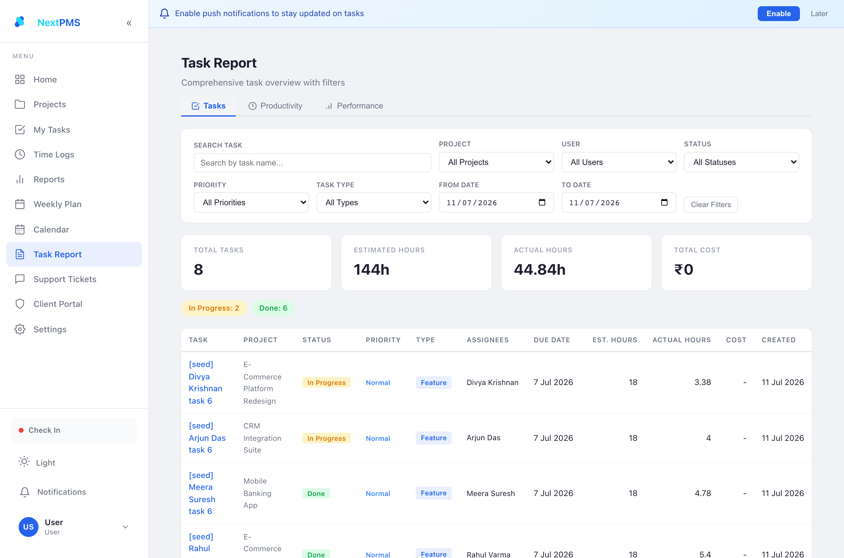 Task Report — Tasks tab with filters and totals