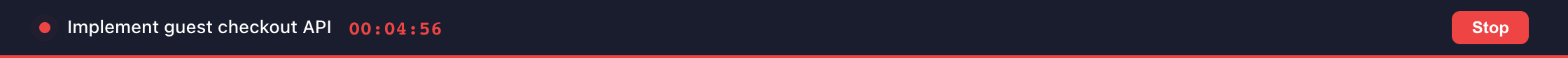 Global running-timer bar showing task and elapsed time with a Stop button
