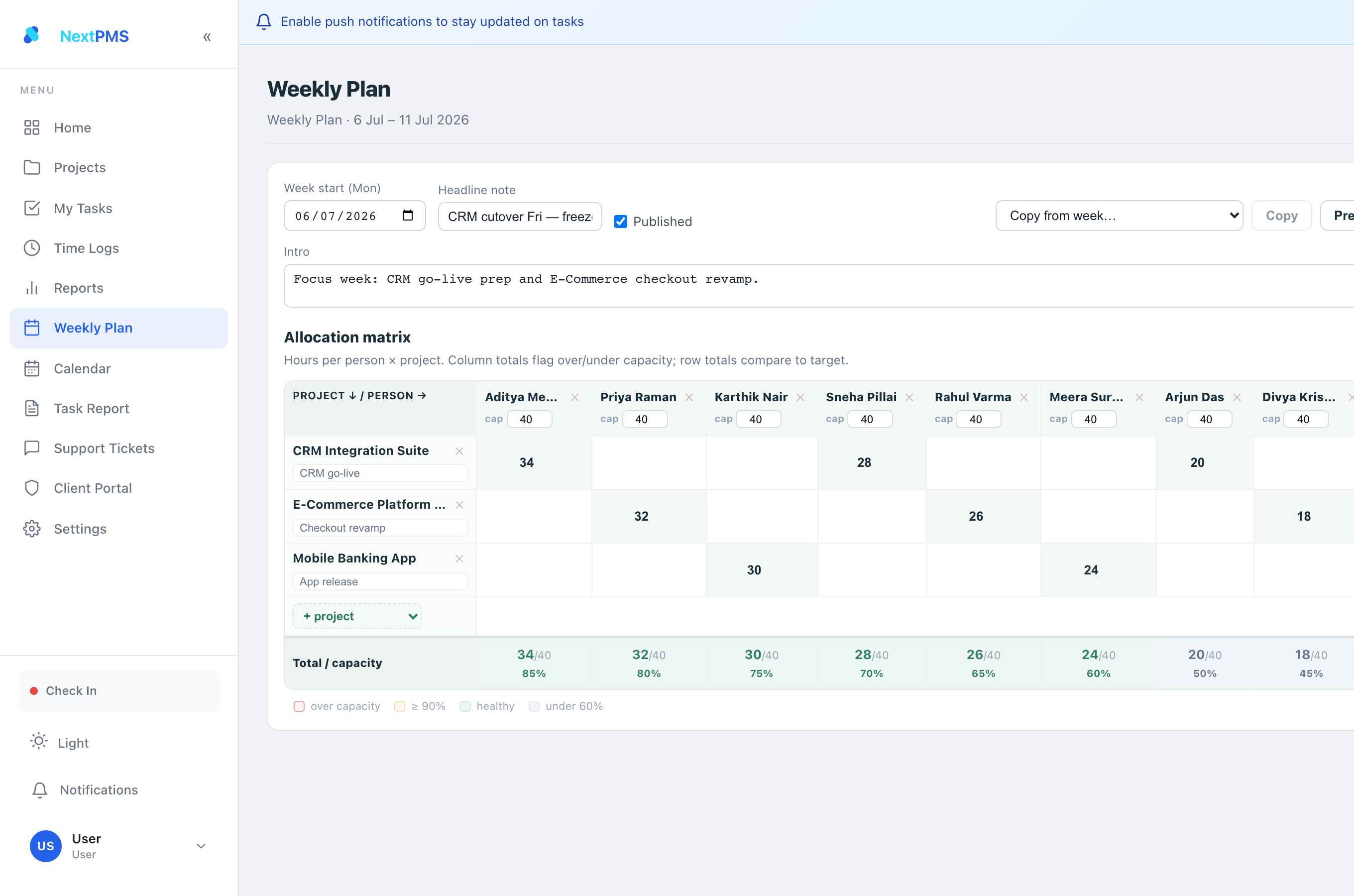 Weekly plan allocation matrix builder with capacity and per-cell hours